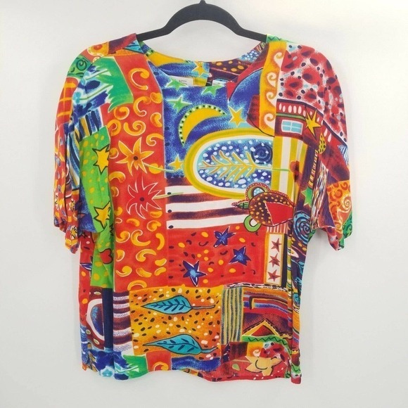 Vintage Chause 12 rayon blouse womens short sleeve 80's colorful geormetric - Picture 1 of 11